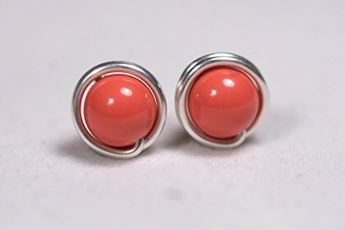 Sterling Silver Coral Stud Earrings Swarovski Pearl Earrings Wire Wrapped Sterling Silver or Gold Filled Earrings