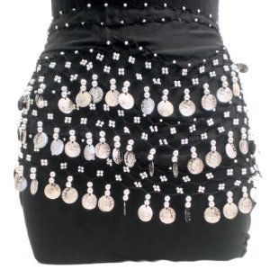 Black Belly Dancing Hip Scarf with Silver Coins