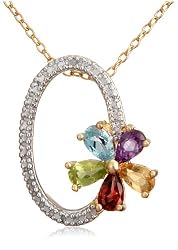 Gold Plated Sterling Silver Multi-Gemstone and Diamond Accent Oval Flower Pendant, 18"