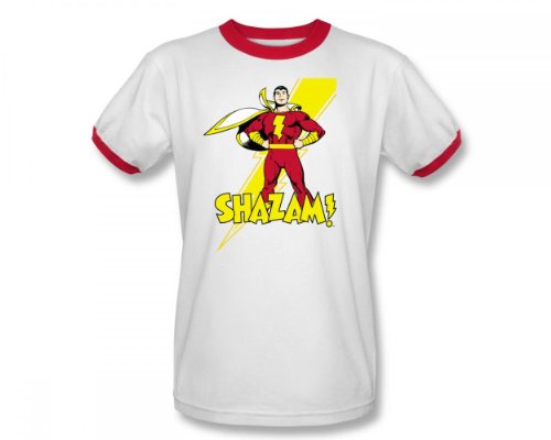  Shazam Shazam Adult Ringer S/S T-shirt in White/Red by DC Comics