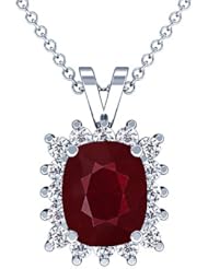 18K White Gold Cushion Cut Ruby And Round Diamond Pendant