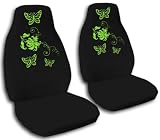2 black seat covers with lime green butterflies for a 2000 Honda Civic.