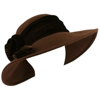 100% Wool Winter Velvet Floral Hatband Wide Brim Floppy Bucket Church Hat Brown