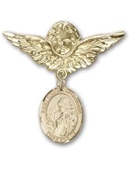 Gold Filled Baby Badge with St. Finnian of Clonard Charm and Angel with Wings Badge Pin
