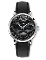 SPRAWL Aanalog Fashion Series Silver Ladies Watches of Genuine Black Leather Strap,Unique Wrist Watch for Women Girls Designed with Stone dragon