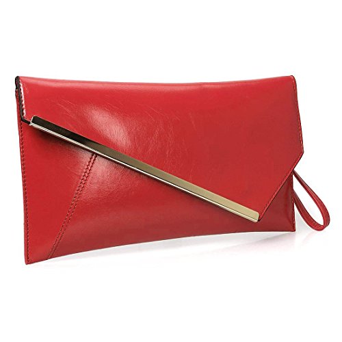 BMC Fashionably Chic Hot Rod Red Faux Leather Gold Metal Accent Envelope Style Statement Clutch