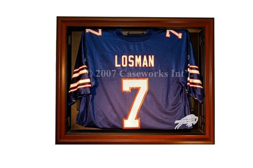 Buffalo Bills Football Jersey Display Case with Removable Face and Classic Wood Finish Frame