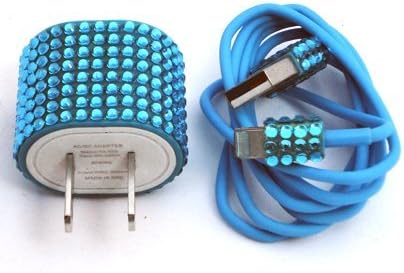 Iphone 5 / 6 / 6 Plus (8 Pin) - Rhinestone - Bling Cell Phone Charger /W Cable (Light Blue)
