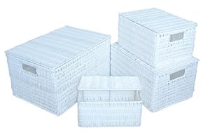 Aufbewahrungskorb geflochten mit Deckel Farbe Weiß S-23x17x12 cm