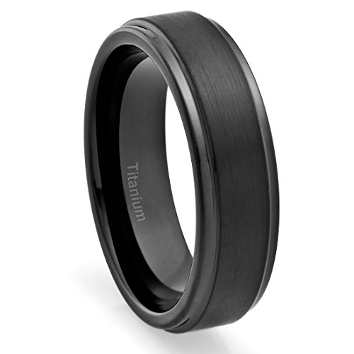6MM Mens Titanium Ring Wedding Band Black Plated Brushed Top and Grooved Polished Edges [Size 6.5]