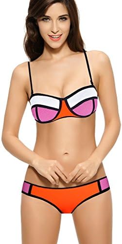 Newest Sexy Structured Mesh Color Block Neoprene Bikini Wet Suit Orangexl (Us8-10) Charming