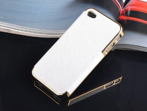 Iphone 4 4s Hard Back Case New Luxury Leather with Gold Frame Chrome Cove [White_Gold]