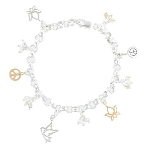 Lotus Flower, Peace Sign, and Dove Charm Bracelet in Sterling Silver and Gold Vermeil with Citrine and Pearl Beads on a 7 1/2" Rolo Chain, #8213