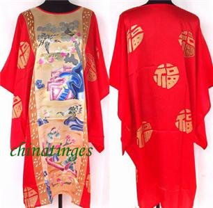 100% SILK CAFTAN KAFTAN ROBE DRESS,CHINESE PAINTING,RED
