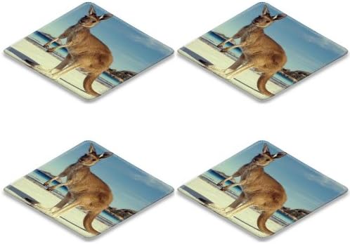Kangaroo Beach Australia Coast Alone Outback Animal Square Coaster (4 Piece) Set Fabric Rubber 5 Inch Size Luxlady Coaster Cup Mug Can Water Bottle Drink Coasters Stain Resistance Collector Kit Kitchen Table Top Desk