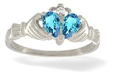 14K White Gold Genuine Pear Blue Topaz and Diamond Celtic Claddagh Ring