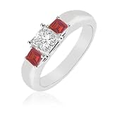 0.25cttw Natural White Princess-Cut Diamond (SI-Clarity,GH-Color) and Natural Ruby (AA+-Clarity,Pigeon Red-Color) Three Stone Ring in 14K Gold.