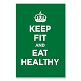 Glossy vinyl sticker pack: KEEP FIT AND EAT HEALTHY GREEN KEEP CALM WW2 WWII PARODY SIGN (4 stickers, 10.5x7cm / 4.1x2.8in)