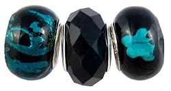 Pandora Style Three (3) Piece Charm Bead Set (Z211) - Murano Style Glass and Faceted Glass (Fits Troll too) ~ Black and Teal