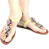 Women's Beaded T-Strap Flat Thong Sandals Green , 5.5-10