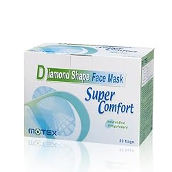 (Size L: 9.25cm x 17cm) Unique "Diamond Shape" Face Mask By Motex, Earloop, 3 Ply, Box of 50, No Polybag