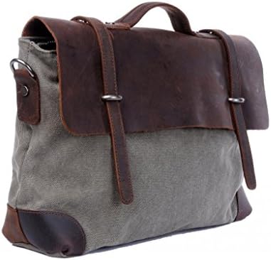 QiangQiang Unisex Vintage Leather Canvas School Crossbody Bag Army Green Fits 15" Laptop