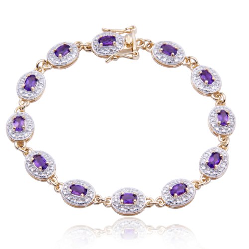 18k Yellow Gold Plated Sterling Silver Genuine Amethyst and Diamond Accent Bracelet, 7.25"