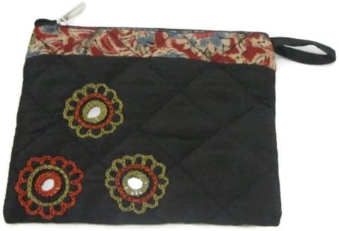Handmade Coin Purse - Espresso with Embroidered Terracotta and Olive Green Flowers and Mirrors - Zippered