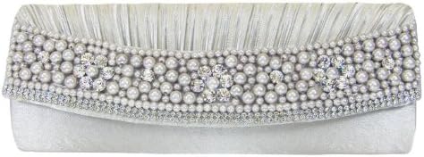 Pearls and Rhinestones Silver Satin Clutch Evening Bag, Shoulder Bag, Handbag