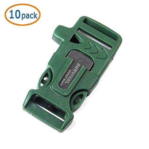 Whistle Buckle, WOVTE 1.8 x 0.75 Inch Whistle Buckles with Flint Fire Starter and Striker for Paracord Bracelet Army Green Pack of 10
