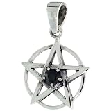 Sterling Silver Pentagram Pendant w/ Single Black CZ, w/ 18" Thin Box Chain