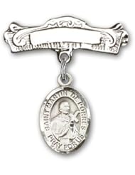 Sterling Silver Baby Badge with St. Martin de Porres Charm and Arched Polished Badge Pin