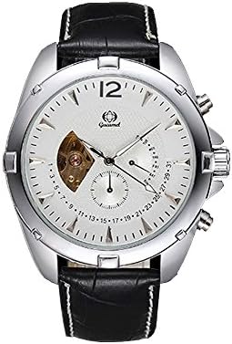Gucamel Men's Silver Case Cow Leather Band Quartz Analog Hollow Wrist Watch