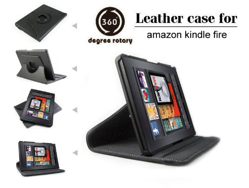 Amazon Kindle Fire Tablet Polyurethane Leather Case Cover Rotating 360 Multi-View Folio Stand (Black)