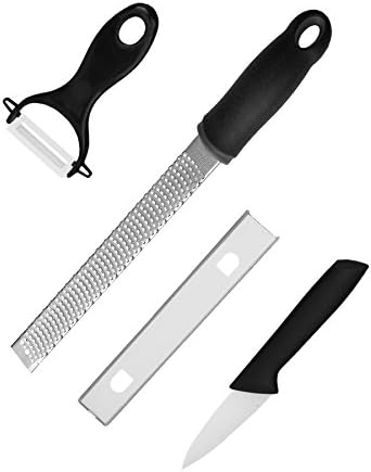 Zester Grater - Sharp Stainless Steel Blade, Black Sure-Grip Handle &amp; Snap on Safety Cover - PLUS 2 Bonus Items - Vegetable Peeler &amp; Paring Knife - By Horizon Home Products