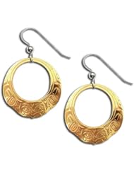 14K Yellow Gold Northwest Coast Native American Raven Hoop Earrings. Made in USA.