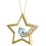 10k Gold 18 in. Thin Chain & 3/4 in. (19mm) tall Star Cut Out Pendant, w/ 0.64 Total Carat Brilliant Cut Blue Topaz Stone & Brilliant Cut Diamonds