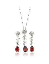 Nickel Free Sterling Silver Necklace & Earring Sets Red And Clear Hanging Cubic Zirconia Stones Set Pendant 8Mm X 38Mm Earring 7Mm X 37Mm Chain 16-18 Inches