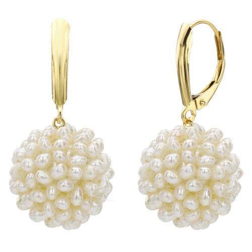 14k Yellow Gold Snowball Design White Cultured Freshwater HighLuster Pearl Lever-back Earrings.