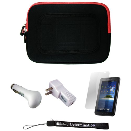 Red/Black Sleeve with Interior Fur Padding for Samsung Galaxy Tablet + Includes a USB Car Charger and a Durable Screen Protector + Includes a Home USB Charger