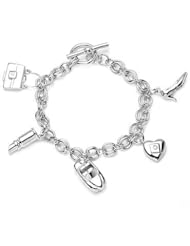 Platinum Plated 925 Silver Five Charms (High Heel, Heart, Car, Lip Stick, Hand Bag) Girly Bracelet (6.5")