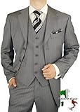 IMAGE OF Gino Valentino Vested Mens Suit Made in Italy Australian Worsted Merino Wool / Silk 150's Canvas Front Jacket + Flat Front Pants + Vest 3 Button 3pc Three Button Business Suit Gray Stripe