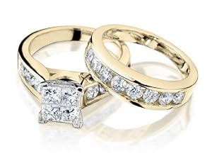 Princess Cut Diamond Engagement Ring and Wedding Band Set 1 Carat (ctw) in 14K Yellow Gold , Size 7