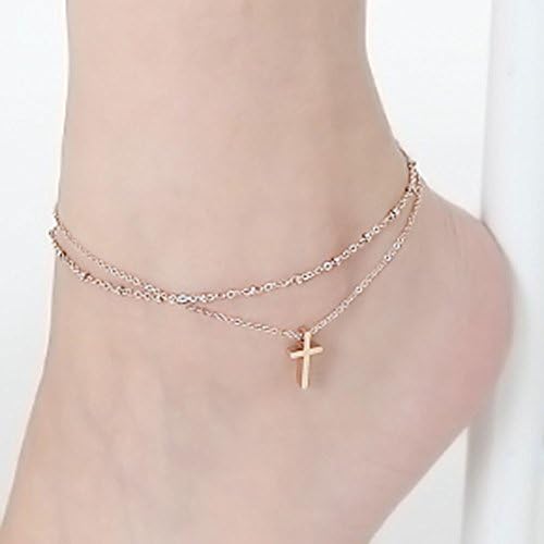 Dlakela Rose Gold Plated Stainless Steel Cross Double Row Cable Chain Anklet, 8"+2"
