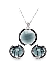 Sterling Silver Multifaceted Center Stone and Black CZ Necklace and Earrings Set