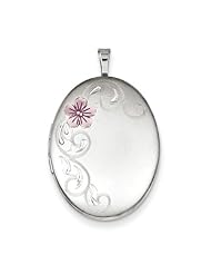 Sterling Silver 26mm Enameled Flower and Scroll Oval Locket. Metal Wt- 6.4g
