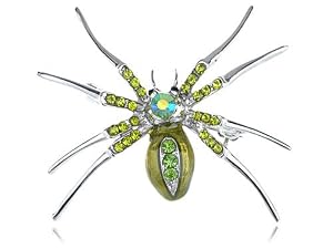 Peridot Crystal Rhinestone Green Belly Enamel Tiny Spider Silver Tone Pin Brooch