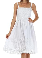Knee Length Spaghetti Strap Cotton Summer Shirred Sequined Embroidered  Dress