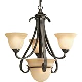 Progress Lighting P4415-77 3-Light Chandelier with Tea Stained Bell-Shaped Glass Bowls and Squared Scrolls and Arms, Forged Bronze