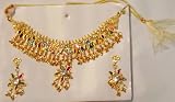 Genuine Gold Plated Short Chain Choker Gita Necklace with Simulated Various Color Simulated Jades Earrings for Women and Teens